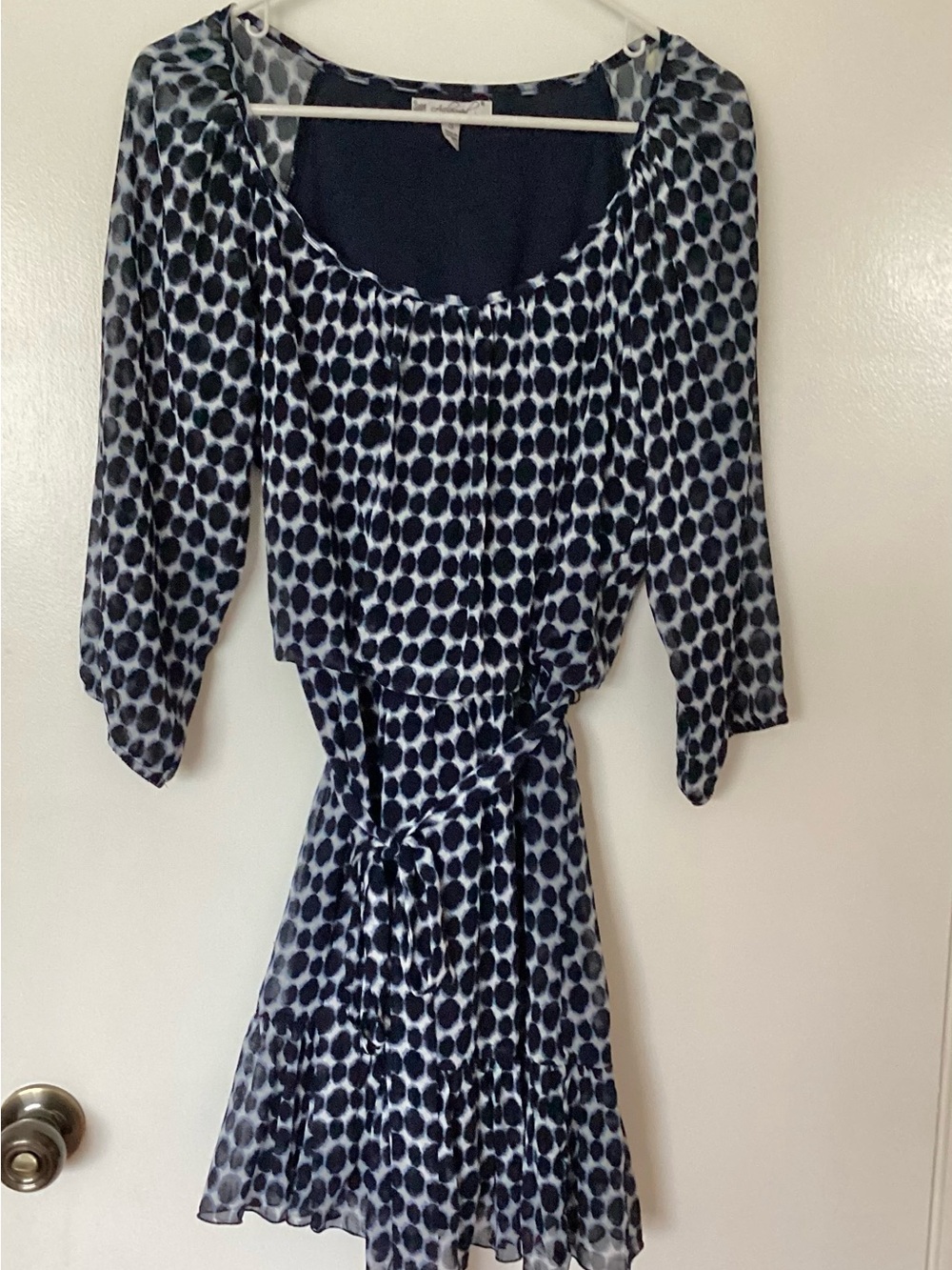 Polka Dot Black & White Tie-Waist Long Sleeve Dress Women’s Small